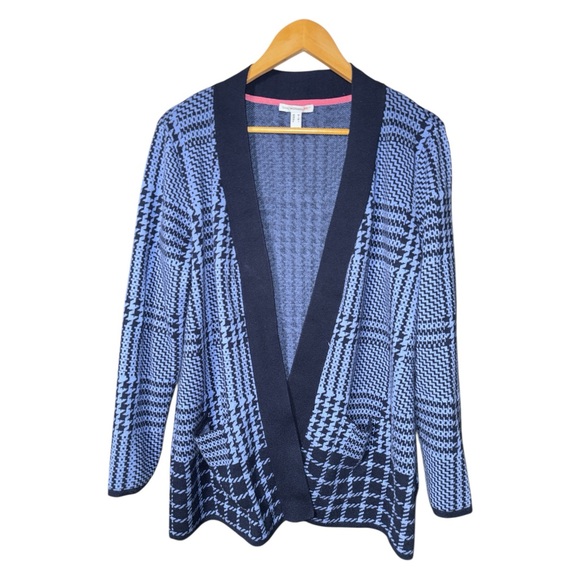 Isaac Mizrahi Live! Plaid Jacquard Sweater Cardigan Navy Plaid MEDIUM - Picture 2 of 9